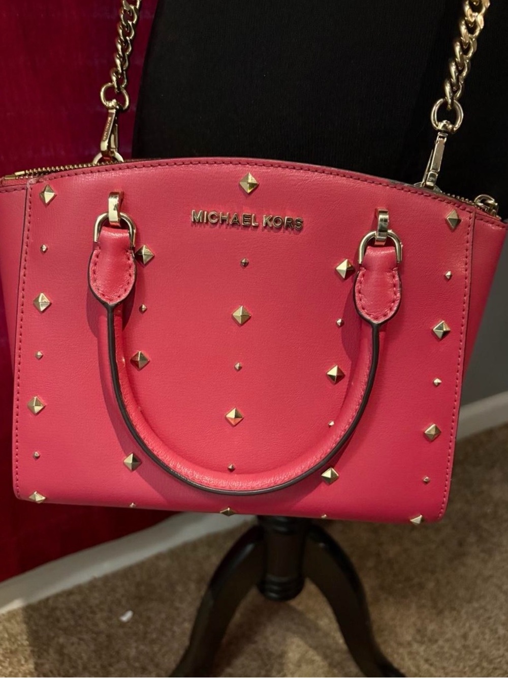 Michael Kors Hot Pink Studded Leather Satchel with Gold Hardware